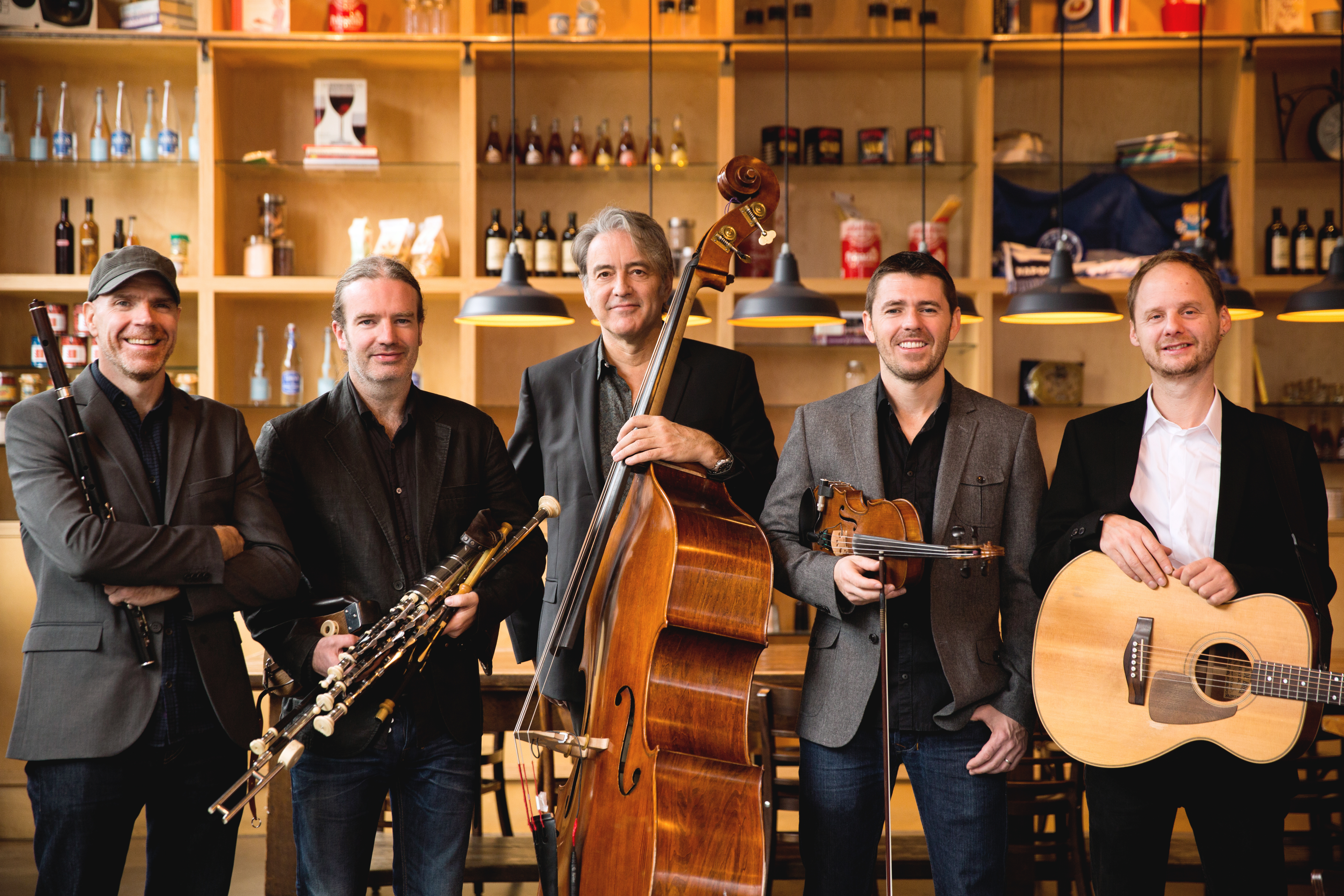 A 5-piece Irish band in front of a bar