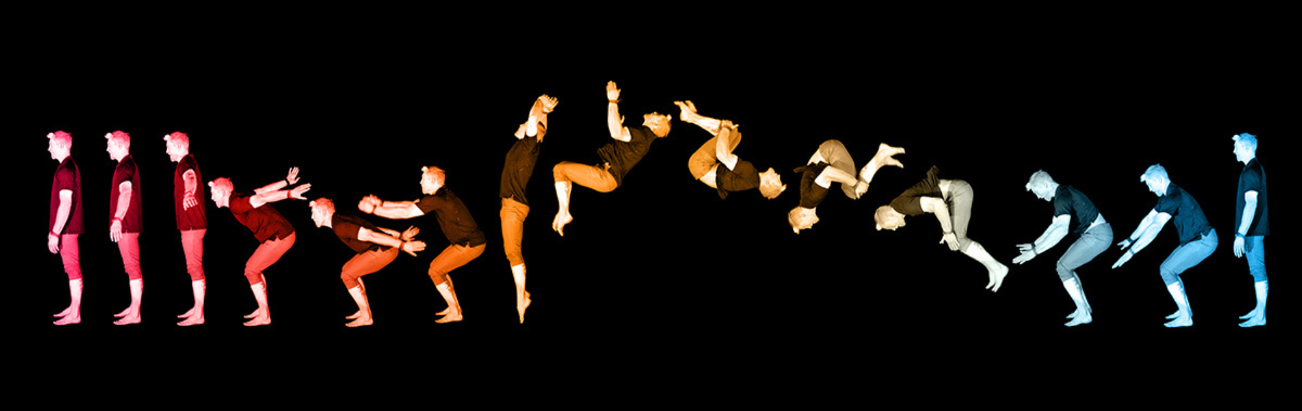 A multicoloured, frame-by-frame image showing an acrobat doing a backflip