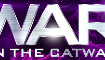 The Words WAR ON THE CATWALK in silver block print with a smoky purple background.