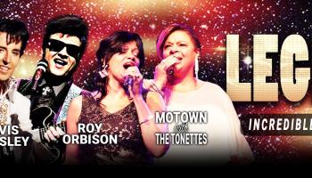 Five performers with the words Legends Show to the right of them with a multicoloured background.
