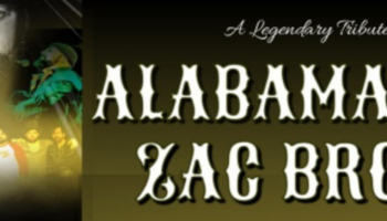 A photo of a crowded stage with bright yellow lights and the words 'A legendary tribute to Alabama & Zac Brown.