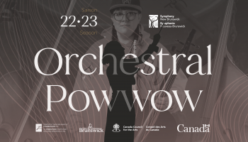 An image of Cris Derksen in the background with the words Orchestral Powwow overlaid.