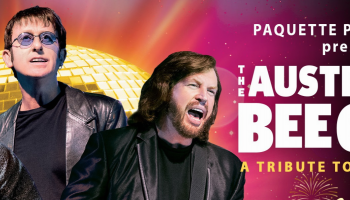 Three men standing in front of a gold disco ball. The Words The Australian Bee Gees Show to their right.