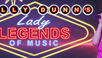Melly stands on the far right of the image singing into a microphone. The title for the show is in neon lights in the center of the image.
