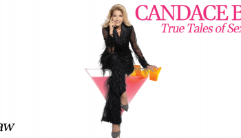 Meet the real Carrie Bradshaw. Candace Bushnell True Tales of Sex, Success and Sex and the City. Image of Candace Bushnell sitting on a martini glass, text 