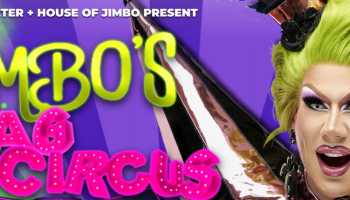 The words, Jimbo's Drag Circus in big bright letters on the left and a close up of Jimbo's face on the right.