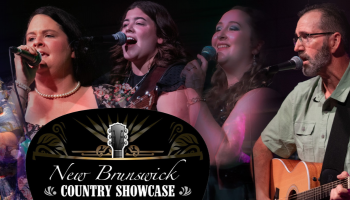 Various artists singing into microphones with the words New Brunswick Country Showcase in the middle.