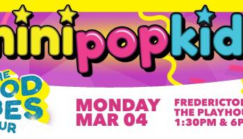 The words Mini Pop Kids Live in bold yellow, pink and blue colours. The Good Vibes tour.