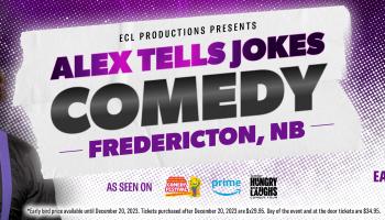 An image of Alex MacKenzie on the left and the words Alex Tells Jokes in the middle in purple.