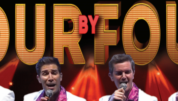 The words Four By Four in large gold lettering with four men with mics in the foreground.