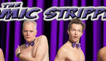 Four people in minimal clothing and purple bow ties. The words The Comic Strippers in purple above their heads.