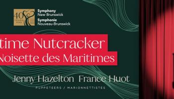 A Maritime Nutcracker with an image of a Nutcracker in shadow in front of a red curtain.