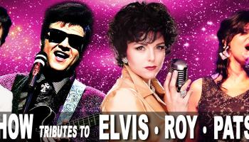 An image of 5 artists singing with a pink and purple background. The words, 'Legends Show Tributes to Elvis, Roy, Patsy, Motown' in white block lettering along the bottom.