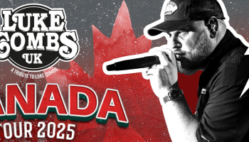 On the right side of the image is an artist singing into a microphone. On the left of the image are the words, 'Luke Combs UK, Canada Tour 2025' in white and red lettering over a grey, white and red background.