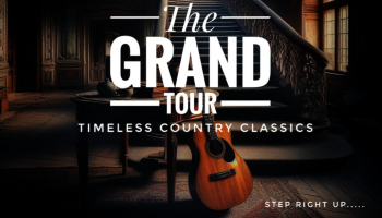 An image of A dark entryway that leads up stairs with a guitar laying against a table in the foreground. The words, 'The Grand Tour Timeless Country Classics,' in white lettering over the image.