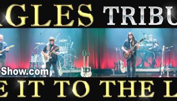 A bad set up on stage with white and red lighting. The words, 'Eagles Tribute Take it to the Limit,' in yellow over a black background along the top and bottom of the image.