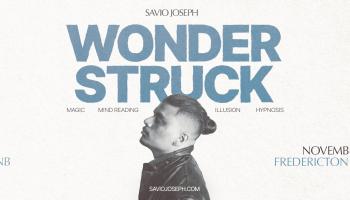 A profile black and white image of Savio Jospeh is centered with the word, 'Wonderstruck' in blue lettering above them over a pale gray background.