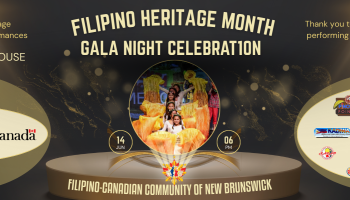 The words, 'Filipino Heritage Month Gala Night Celebration' in light yellow lettering over a dark brown background. Funders and Sponsors are listed.