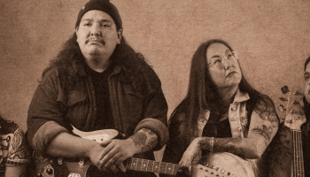 The four members of the Hello Crows in a sepia-toned photo