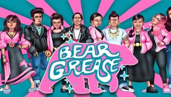 A cartoon drawing of the Indigenous Greasers and Pink Ladies in Bear Grease. The background is pink and blue striped, and the logo of a polar bear with the words Bear Grease is in front.