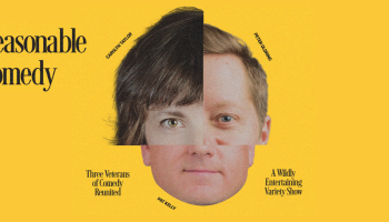 Text against a yellow background that reads, A Perfectly Reasonable Night of Comedy. The photo in the centre is a composite of three sections of different faces combined to make one image of a face