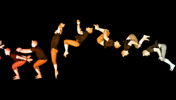 A multicoloured, frame-by-frame image showing an acrobat doing a backflip