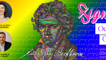 A multicoloured image of Beethoven in the center with small head shots of Kirsten Leblanc, Rebecca Cuddy, Alexandre Sylvestre & Scott Rumble on the left of the image. On the right are the words, 'Signature Ode to Joy Ode à la joie'