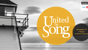 A black and white image of a lighthouse with a dappled cloudy sky and water in the background. A yellow circle in the center says, 'United By Song.'