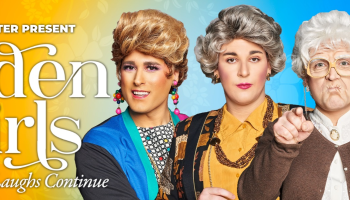 Four people dressed up as the Golden Girls to the right of the image, with the words, 'Murray & Peter present Golden Girls The Laughs Continue' in white lettering over an orange and blue background.