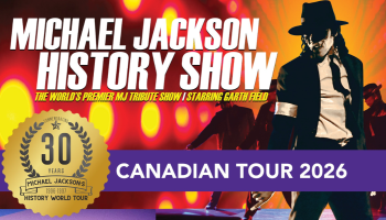 The words, 'Michael Jackson History Show, the world's Premier MJ Tribute Show, Starring Garth Field' Over a colourful red, orange and yellow background.