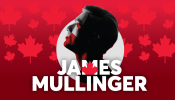 A side view of James mullingers head over a red background with red maple leaves. The words, 'James Mullinger' in white block letters under his image.