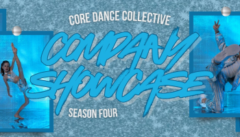 In the center of the image are the words, 'Core Dance Collective Company Showcase Season Four' in white and blue lettering. On either side of the words are images of dancers in various poses all over an icy blue background.