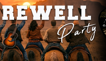 An image of 6 people riding horses off into the sunset with guitars on their backs. The words, 'The Farewell Party' in white lettering. 