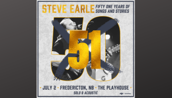 The words, 'Steve Earle 51 Years of Songs and music' above the number 50 crossed out with a 51 in gold over top of it. An image of Steve Earle within the frame of the 50. Over a grey background.
