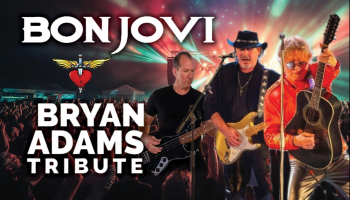 The words, 'Bon Jovi & Bryan Adams Tribute' in white lettering over a picture of an audience with 3 musicians on stage.