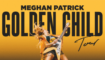 The words, 'Meghan Patrick Golden Child Tour' in black lettering over a yellow background. Meghan is in the center of the image with a guitar.