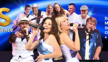 Centered is a group of Musicians dressed in white over a blue background. The words, 'SOS The ABBA Experience' is to the left.