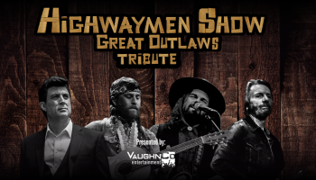 An image of four musicians with the words, 'Highwaymen Show Great Outlaws Tribute' above them. The background is brown tones.
