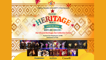The words, 'Filipino Heritage Month June 20, 2026 Roots And Horizons' over a bright yellow background. Multiple photos of various performers are lining the bottom of the image.