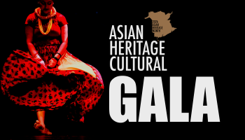 A person dressed in a red dress mid pose beside the words, 'Asian Heritage Cultural Gala' in white lettering over a black background.