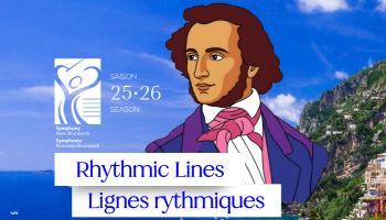 A landscape image in the background. The words Rhythmic Lines in blue lettering.