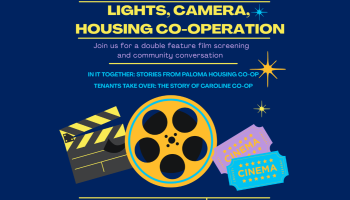 The words, 'Lights, Camera, Co-operative Housing' in yellow lettering over a dark blue background. An image of film, tickets and a film slate below the wording.
