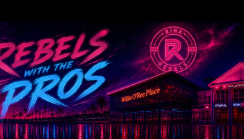 The words, 'Rebels with the Pros' in pink and white lettering over an image of water, palm tree silhouettes, Willie O'Ree Place, and the Playhouse.