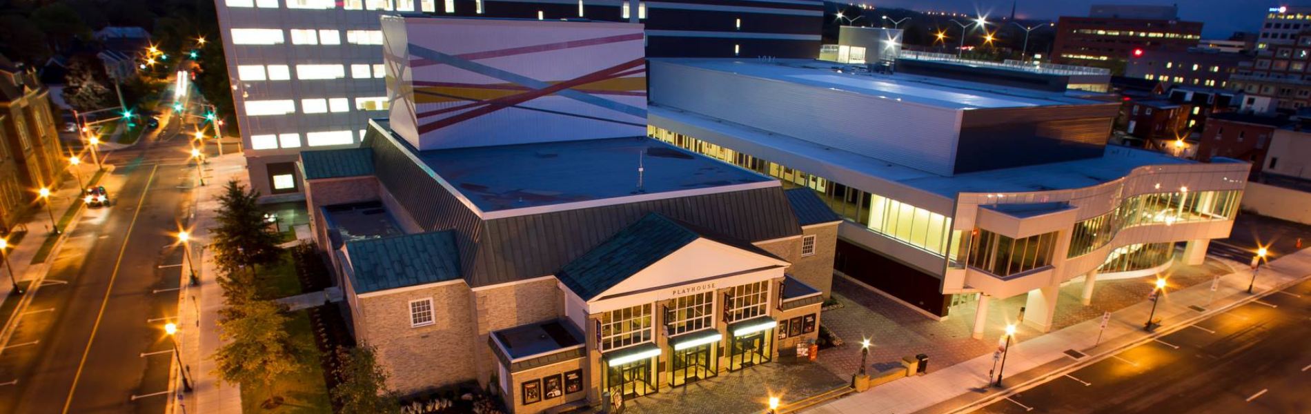 Evening drone shot of the Playhouse from above