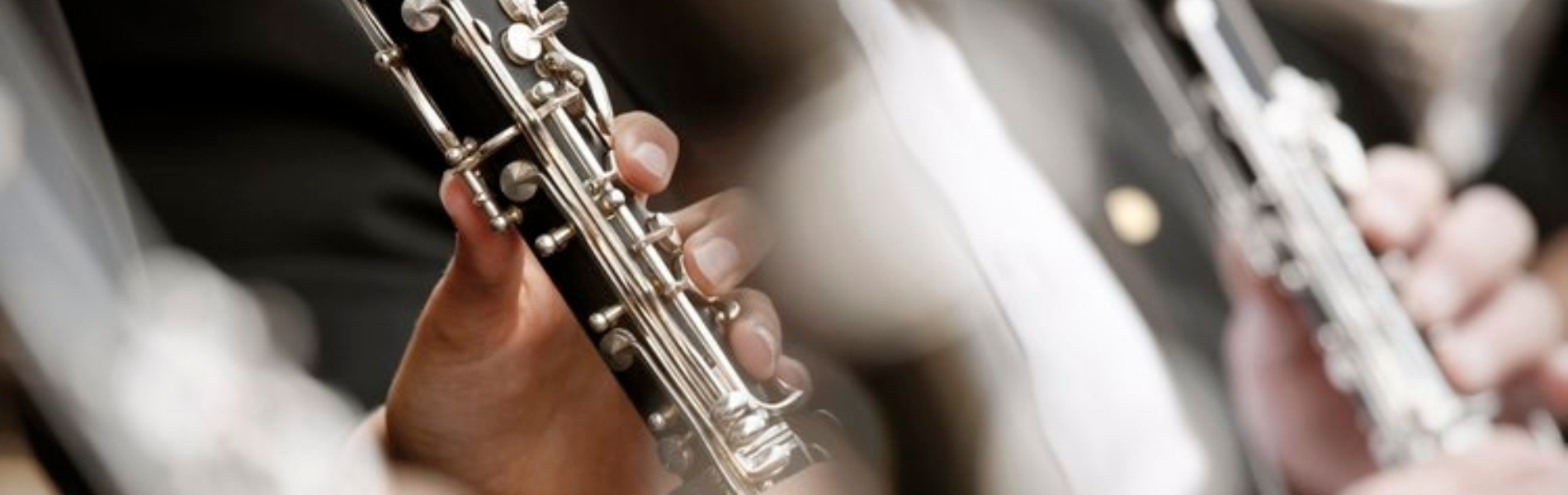 Hands holding wind instruments. 