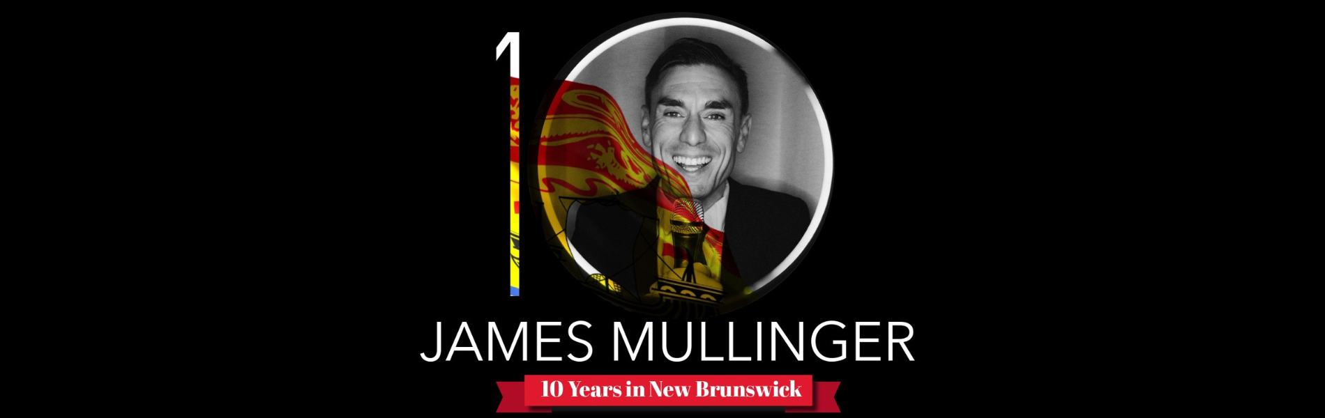 A photo of James Mullinger with the number 10 and an NB flag superimposed over his face.