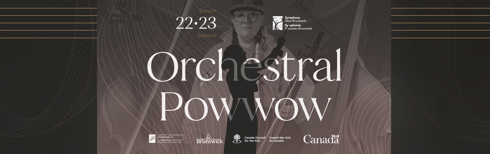 An image of Cris Derksen in the background with the words Orchestral Powwow overlaid.