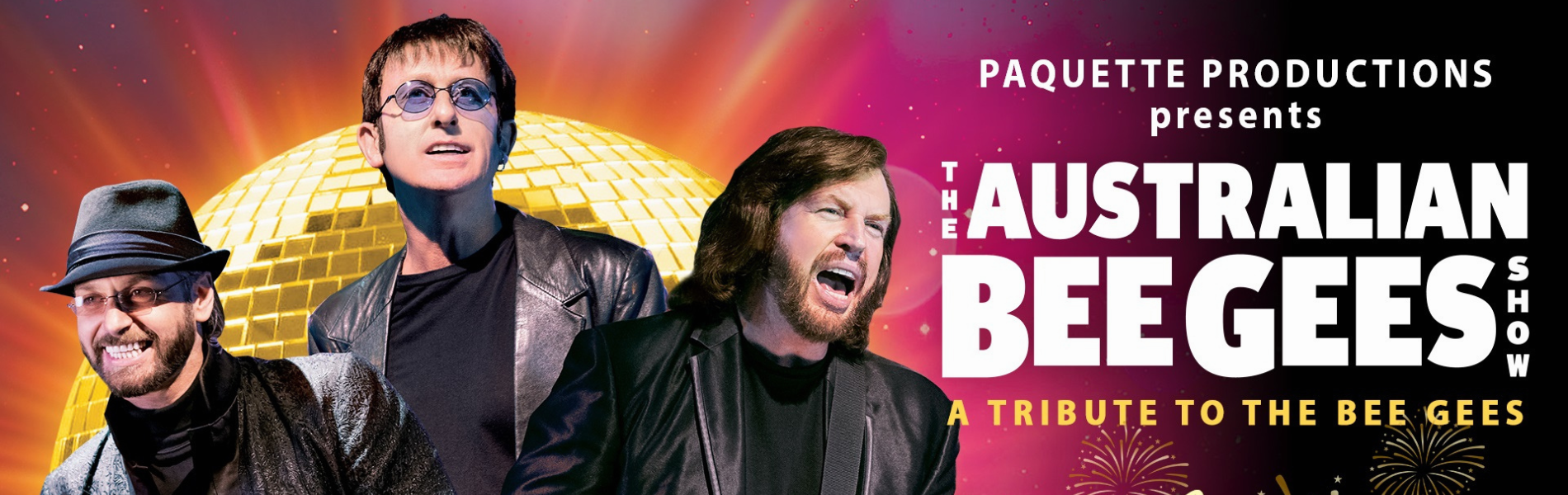 Three men standing in front of a gold disco ball. The Words The Australian Bee Gees Show to their right.