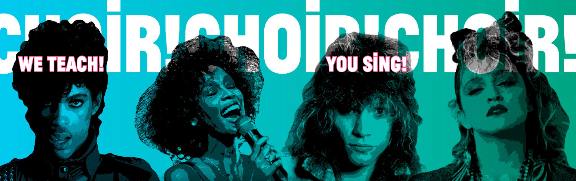 Stylised black images of singers from the 1980s against a teal green background