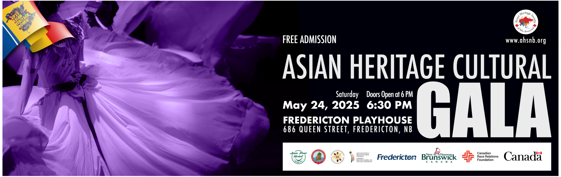 An image of a beautiful purple dress over a black background with the words, 'Asian Heritage Cultural Gala' in white lettering. May 24, 2025 at 6:30pm